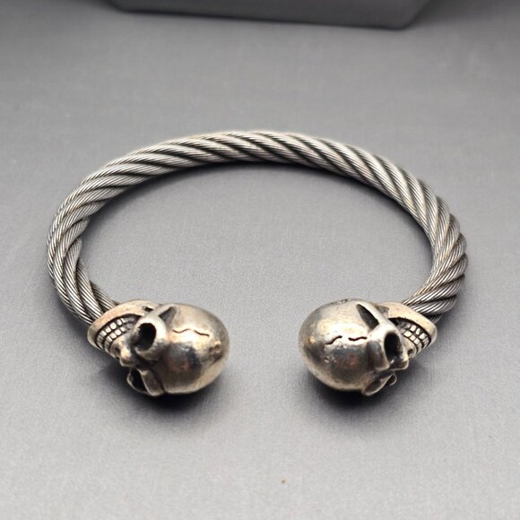 VTG Gaboratory Sterling Silver & Steel Gothic Skull Torque Cuff Bracelet 7.5" - Picture 2 of 11